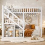 Lit superpos� enfant 140x200 cm, lit mezzanine multifonctionnel avec escalier de rangement et barri�re ...