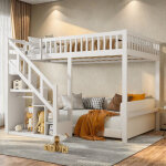 Lit superpos� pour enfants 90 x 200 cm blanc?lit ado?2 places avec escalier et rangement?barri�re antichute?st ...