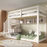 Lit superpos� enfant 90x200 cm avec �chelle rangement, tiroirs, �tag�res, barri�res s�curit�, sans matelas, ...
