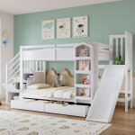 Lit superpos� enfant 90x200 cm avec escalier de rangement et toboggan - biblioth�que illustr�e - 2 tiroirs ...