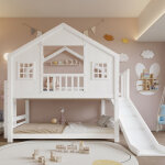 Lit superpos� enfant 90x200 cm avec toboggan, fen�tre et toit, barri�res de s�curit�, bois massif mdf ...