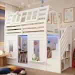 Lit superpos� enfant 90x200cm forme maison avec led, tiroirs escalier, protection anti - chute, lit cabane ...