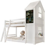 Lit superpos� enfant bois massif / mdf blanc 90x200 cm avec ardoise, petite porte, �chelle inclin�e, ...