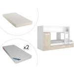 Vente - unique - lits superposés avec tiroir lit gigogne et rangements 3 x 90 x 190 cm - blanc et naturel ... Vente - unique - lits superposés avec tiroir lit gigogne et rangements 3 x 90 x 190 cm - blanc et naturel ...