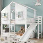 Lit superpos� avec toboggan, lit cabane enfant 90x200cm avec toit et fen�tre, blanc