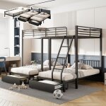 Lit superpos� triple - convertible en lit double 140x200 - avec tiroirs - m�tal noir - 3 places