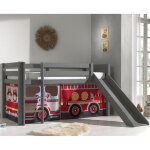 Lit sur�lev� avec toboggan gris d�cor camion de pompier - pino