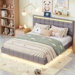 Lit suspendu 160x200 cm, avec led et t�te de lit, cadre de lit tapissier flottant en lin, lit plateforme ...