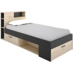 Lit avec tte de lit rangements et tiroir - 90 x 190 cm - anthracite et naturel - leandre