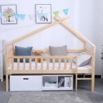 Lit tipi enfant 90x190 cm en bois naturel et rangements blanc