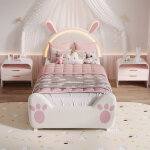 Lit avec tiroirs 140x200 cm pour enfant et adulte - design lapin avec led et stickers diy - velours - ...