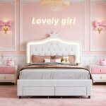 Lit avec tiroirs 140x200 cm pour fille, lit enfant princesse 140x200 cm avec t�te de lit couronne r�glable, ...