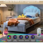 Lit avec tiroir de rangement 90x200 cm - design p�tale pour enfant avec led et sommier - velours, blanc ...