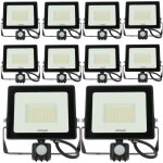 Lot de 10 projecteurs led 50w noir d�tecteur de mouvement ip44 temp�rature de couleur: blanc froid 6000k ...
