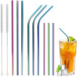 Lot de 12 pailles r�utilisables en acier inoxydable multicolores avec 2 brosses de nettoyage, 1 sac de ...
