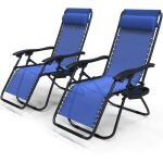 Lot de 2 chaise longue inclinable en textilene avec porte gobelet et portable bleue