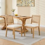 Lot de 2 chaises de salle � manger en lin beige, dossier en cannage rotin, structure en bois massif, ...