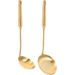 Lot 2 cuill�res cuisine inox dor� : grande louche soupe + manche long ergonomique, usage pro maison / ...