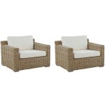 Lot de 2 fauteuils de jardin en rotin marron avec coussins blanc cass pour extrieur au style boho et ...