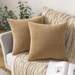 Lot de 2 housses de coussin en velours c�tel�, douces et � rayures unies, carr�es et d�coratives, pour ...