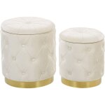Lot 2 poufs coffres de rangement en velours blanc capitonné et base en acier doré pour chambre ou salon ... Lot 2 poufs coffres de rangement en velours blanc capitonné et base en acier doré pour chambre ou salon ...