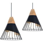 Lot de 2 suspensions luminaires modernes industrielles bois lustre abat - jour m�tal vintage forme cage ...