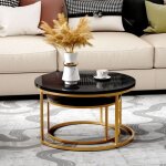 Lot de 2 tables basses gigognes, mdf, plateau noir, pieds de table dor�s convient pour le salon