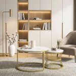 Lot de 2 tables basses rondes style scandinave, plateau effet marbre blanc & pieds m�tal dor� - d70 / ...