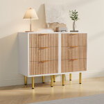 Lot de 2 table de chevet 3 tiroirs style contemporain, design bicolore blanc et bois naturel, poign�es ...