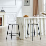 Lot de 2 tabourets de bar 66 cm avec dossier, structure stable, m�tal noir et plastique transparent