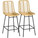 Lot de 2 tabourets de bar design boh�me hauteur 66 cm avec repose - pieds m�tal et rotin pe - naturel ...