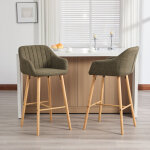 Lot de 2 tabourets de bar style europ�en avec dossier haut et accoudoirs, assise en lin et pieds en bois, ...