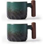 Lot 2 tasses expresso c�ramique 85ml, poign�e bois, porcelaine demitasse, vert, caf� / th�