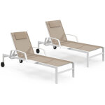 Lot de 2 transats de jardin inclinables java avec tablettes en acier blanc et toile beige