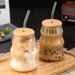 Lot 2 verres � bulles 530ml, parois cannel�es, couvercle bambou + paille, latte / cappuccino / caf�