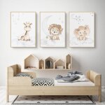 Lot de 3 affiches pour chambre d'enfant - lapin, girafe, lion, �l�phant, lune, �toiles et autres animaux ...
