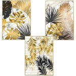Lot de 3 affiches murales design avec motifs forêt, feuille dorées, palme, sans cadre, décoration murale ... Lot de 3 affiches murales design avec motifs forêt, feuille dorées, palme, sans cadre, décoration murale ...