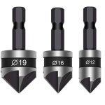 Lot de 3 forets coniques � tige hexagonale de 6, 35 mm, 5 cannelures, centre � 90 degr�s, 12 mm, 16 mm, ...