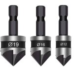 Lot de 3 forets coniques � tige hexagonale de 6, 35 mm, 5 cannelures, centre � 90 degr�s, 12 mm, 16 mm, ...