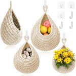 Lot de 3 paniers suspendus tiss�s blancs, support mural boh�me avec 6 crochets pour pommes de terre