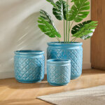Lot de 3 pots de fleurs en c�ramique, int�rieur ext�rieur, bleu antique brillant