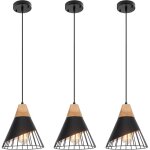 Lot de 3 suspensions luminaires modernes industrielles bois lustre abat - jour m�tal vintage forme cage ...