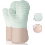 Lot de 4 gants et maniques cuisine, r�sistants � 350 �c, coton doux, silicone �pais, verts, p�tisserie ...