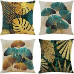 Lot de 4 housses de coussin 45x45 cm carr�es en feuilles vertes et dor�es housse coussins de canap� en ...