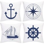 Lot de 4 housses de coussin nautiques - motif ancre marine - navigation - boussole - 45 x 45 cm - style ...