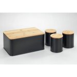 Lot de 4 rangements cuisine wenko boite  pain en mtal avec couvercle planche  dcouper en bambou et ...