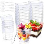 Lot de 50 verrines transparentes avec cuill�res, 60 ml, bols mini - desserts en plastique r�utilisables ...