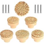 Lot de 6 boutons de meuble en rotin boutons de tiroir, de porte style boh�me poign�e tiroir en bois ronds ...