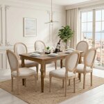 Lot de 6 chaises en bois massif - dossier confortable en lin, finition vieillie (patin�e) - assise rembourr�e ...