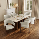 Lot de 6 chaises de salle � manger avec accoudoirs en lin beige et structure en m�tal effet bois noyer ...